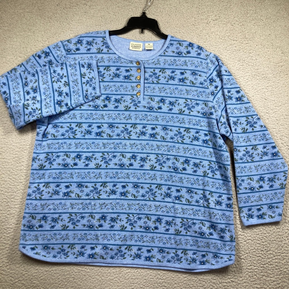 Classic Elements Henley Top Women 2X Blue Floral Stripe Long Sleeve Y2K FLAW